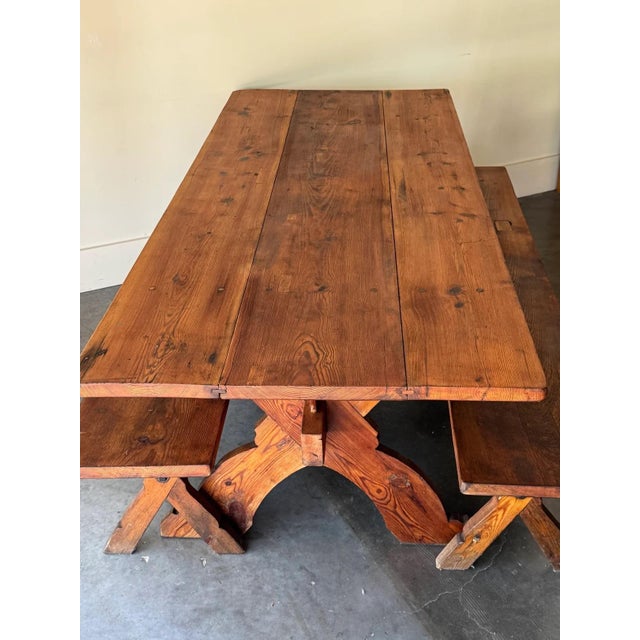 1960s Spanish Pine Wedge Joint Dining Set Table and Bench For Sale In Tampa - Image 6 of 7