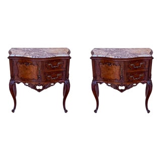 Carved French Nightstands with Doors and Marble Top, 1930s, Set of 2 For Sale