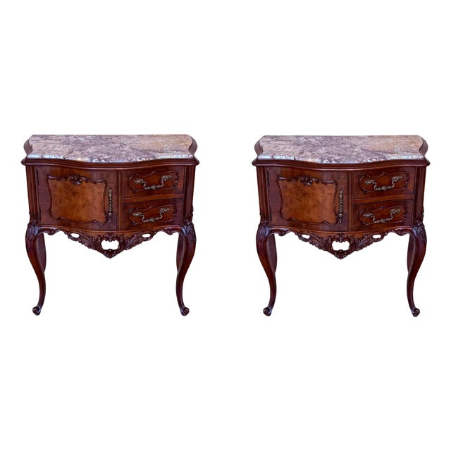 Carved French Nightstands with Doors and Marble Top, 1930s, Set of 2 For Sale