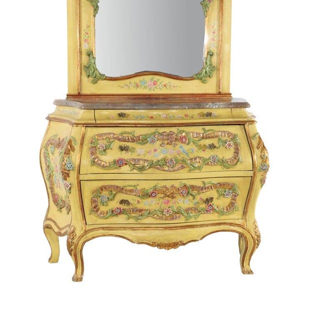 Wood Venetian Floral Polychromed Marble Top Dresser With Trumeau Mirror C1930 For Sale - Image 7 of 14