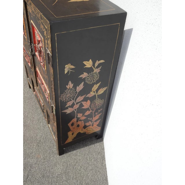 Wood Vintage Chinese Asian Black & Red Hand Painted Lacquer Cabinet Side Table For Sale - Image 7 of 12