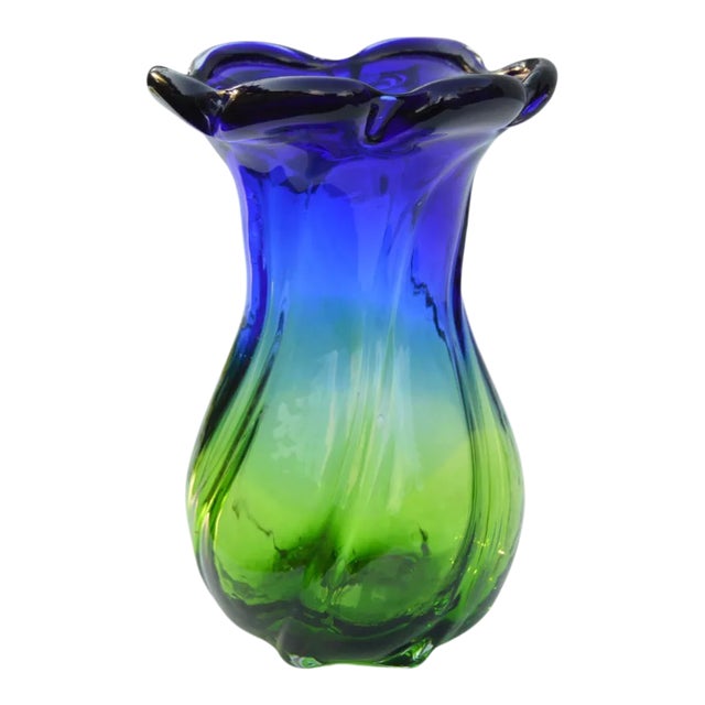 Mid-Century Handmade Blue & Green Glass Vase For Sale