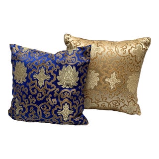 Bright Bold Blue and Gold Asian Accent Pillows, Set of Two For Sale