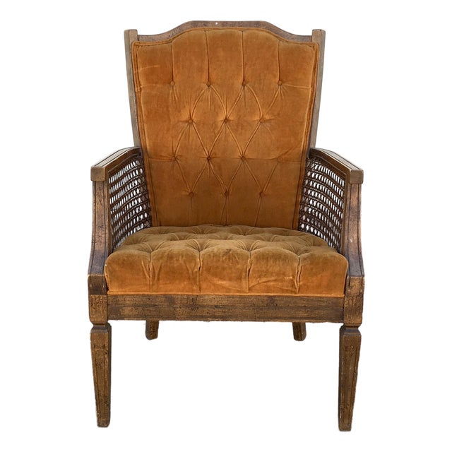 Vintage 1960s Orange Chair Mid Century Caned Tufted Armchair For Sale