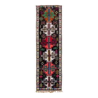 Vintage Brown Turkish Handmade Multicolor Tribal Pattern Wool Runner For Sale