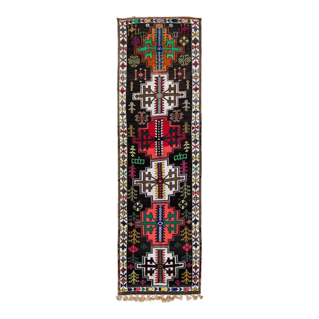 Vintage Brown Turkish Handmade Multicolor Tribal Pattern Wool Runner For Sale