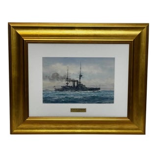 Frank Watson Wood Painting HMS London Signed First World War Royal Navy Watercolour Historic Anstice and Dardanelles Associations For Sale
