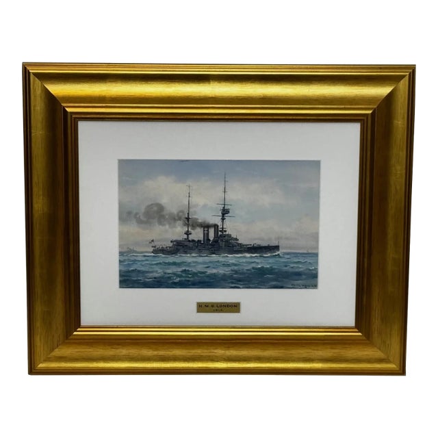 Frank Watson Wood Painting HMS London Signed First World War Royal Navy Watercolour Historic Anstice and Dardanelles Associations For Sale