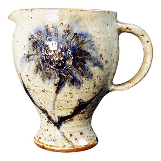 Pyrite Stoneware Pitcher with Thistle Decoration by Suzanne Dauliach, 1970s For Sale