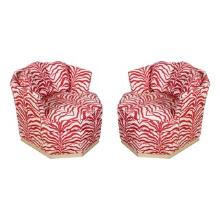 Pair of Swivel Chairs Newly Upholstered in Sister Pairsh Red Zebra Chintz For Sale