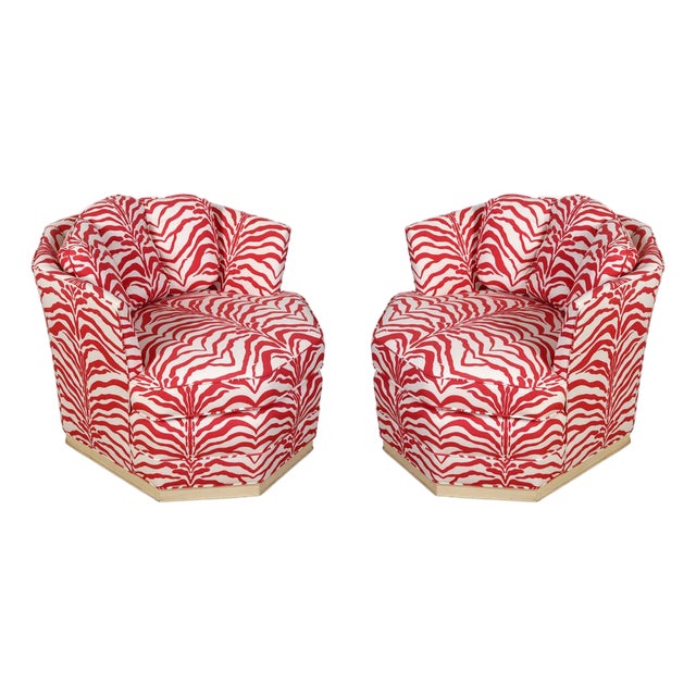 Pair of Swivel Chairs Newly Upholstered in Sister Pairsh Red Zebra Chintz For Sale