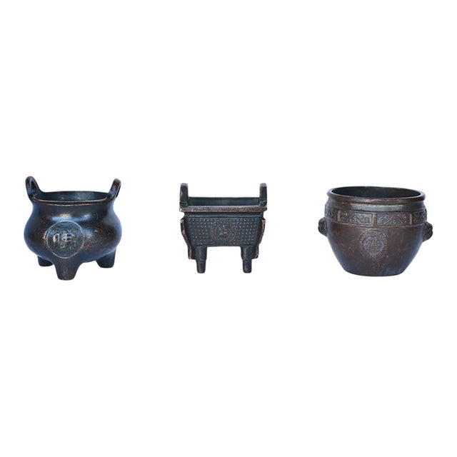 Antique Chinese Mini Bronze Censers Set of 3 Incense Burners For Sale