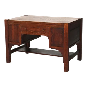 Antique Arts & Crafts Mission Oak Paneled Desk with Arched Corbels C1920