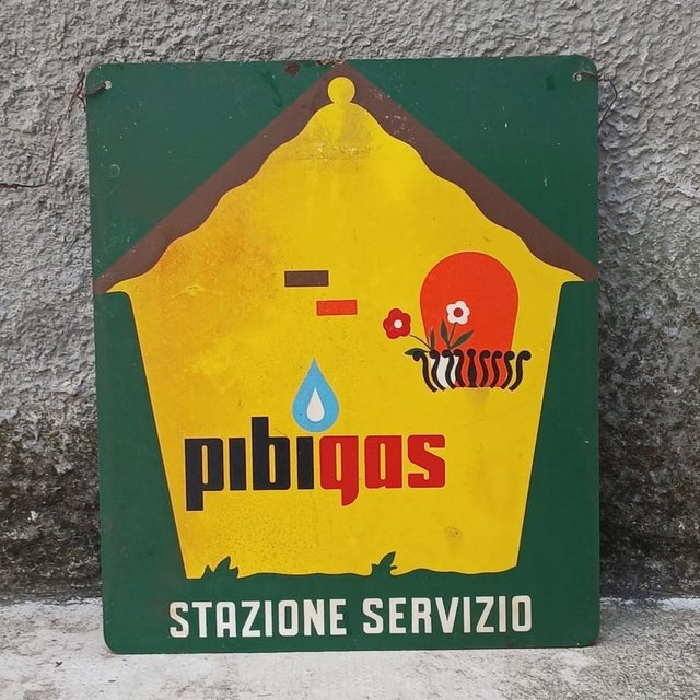 vintage sign, double-sided sign, pibigas, 1960s advertising sign, screen printed iron sign, industrial modernism, Italian...