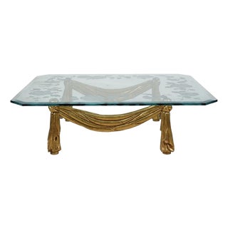 Hollywood Regency Italian Carved Giltwood and Glass Coffee Table For Sale