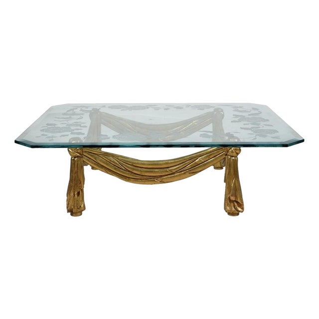 Hollywood Regency Italian Carved Giltwood and Glass Coffee Table For Sale