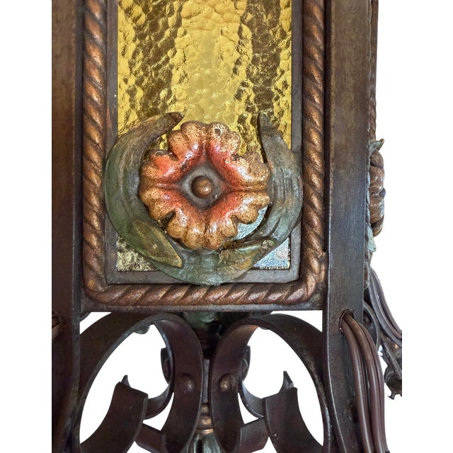Early 1900’s Original Polychrome Painted Chandelier With Flowers and Amber Glass For Sale - Image 14 of 14