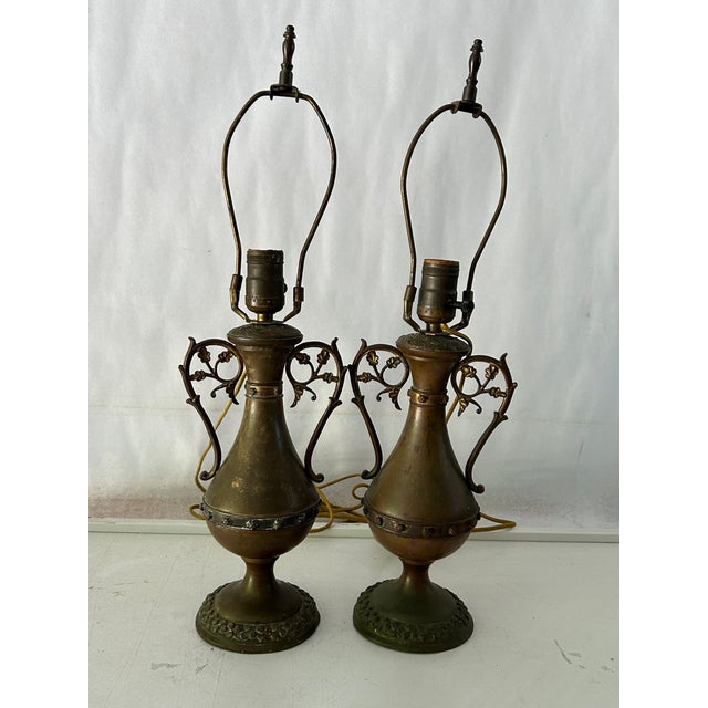 30's Vintage Empire -Style Solid Brass A pair of Urn Table Lamps With Black Shades, 21"H X 5"Base D Shades 10" W X 9"H...