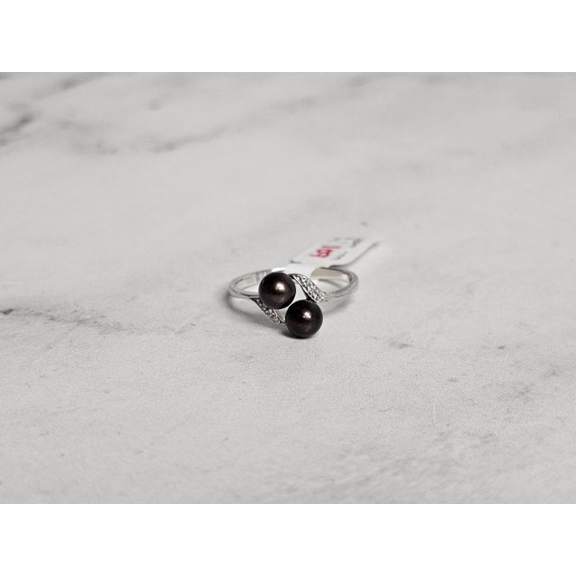Cultured Black Pearl Diamond Ring 14k White Gold, Size 3 For Sale - Image 4 of 5