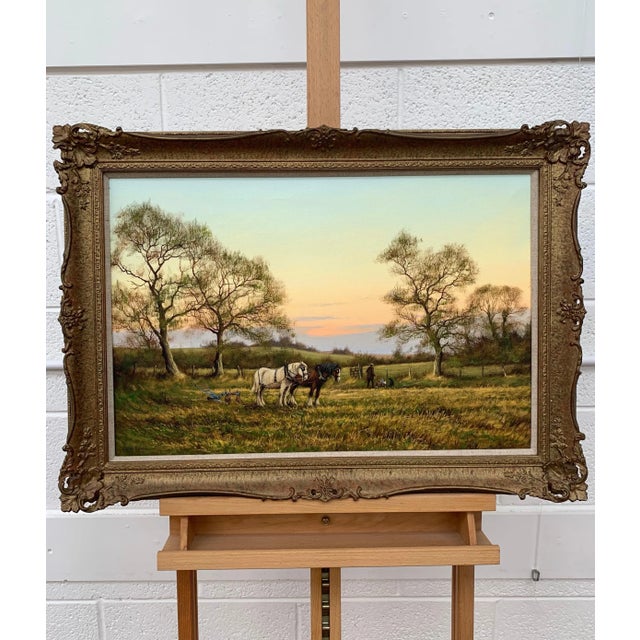 Green English Countryside Art - Horse Drawn Plough With Two Horses Ploughman and Dog by British Landscape Artist, 1990 Circa For Sale - Image 8 of 13