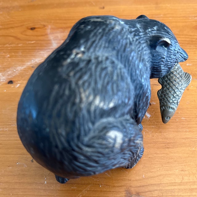 Mid 20th Century Black Bear With Salmon Catch Painted Bronze For Sale - Image 10 of 12