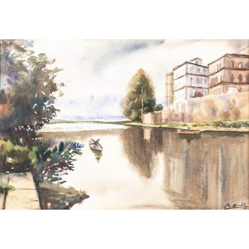 "Landscape with buildings by the river". Watercolour on paper. Signed and dated 1956. Dimensions: 35 x 51 cm.