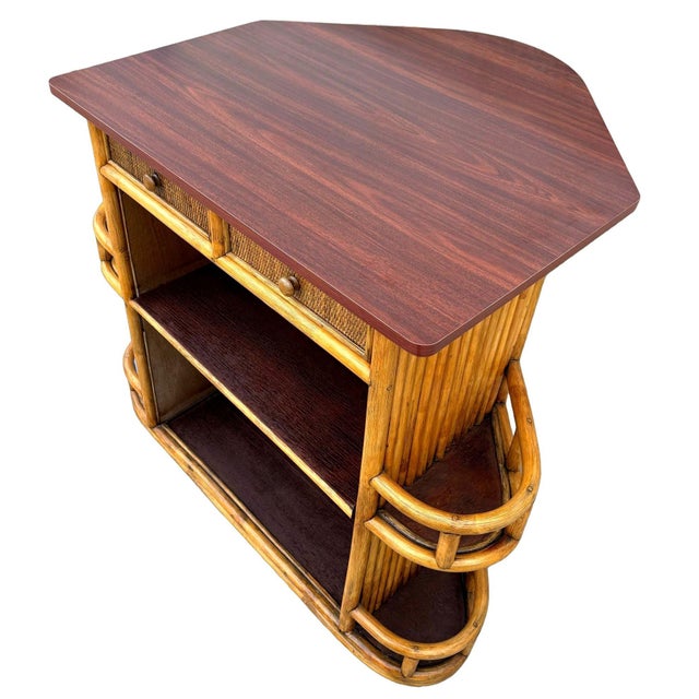 Restored Mid-Century Sailboat Ships Bow Shaped Stacked Rattan Dry Bar For Sale - Image 9 of 13