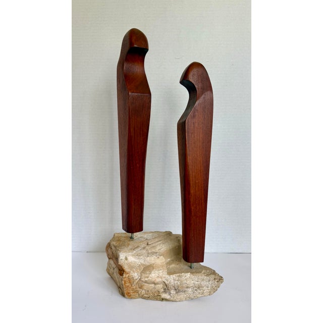 Brown Signed Modernist Abstract Wood Figures Sculpture on Stone Base For Sale - Image 8 of 10