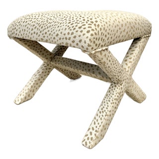 Vintage X-Frame Stool in Cream & Tan Animal Print Upholstery For Sale