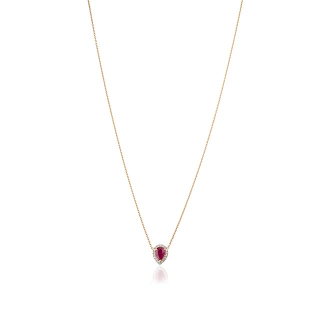 Metal 18k Gold Natural Ruby Diamond Pear Pendant Necklace For Sale - Image 7 of 13