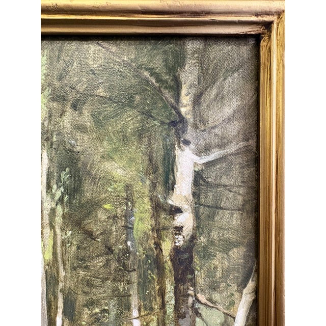 Robert Maione (American, 1932-1987) Original Signed and Framed Oil Painting on Canvas Titled 'Wooded Road by a River' C1976 For Sale - Image 9 of 18