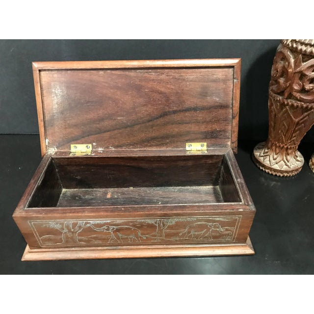Antique Indian Silver Inlaid Wooden Casket Box and Two Wooden Vases Set - 3 Pieces For Sale - Image 9 of 10