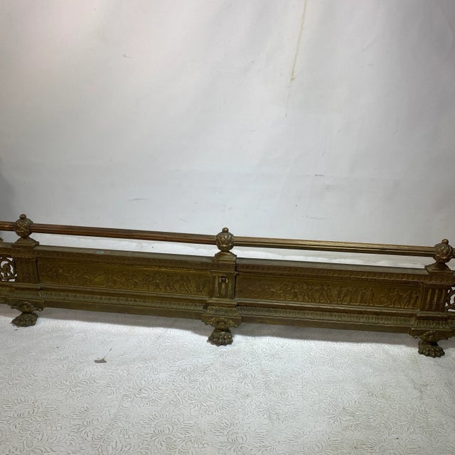 Antique Grecian War Scened Floral Pierced Claw Foot Brass Fireplace Fender For Sale In New York - Image 6 of 13