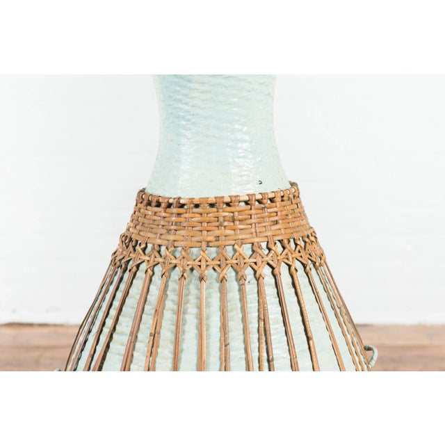 Large Vintage Chinese Woven Rattan Basket of Teal and Natural Color on Base For Sale - Image 11 of 13