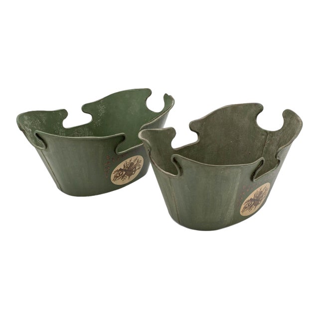 Early 20th Century Pair of Vintage Sculptural Green Painted Metal Cachepots With Crest Medallions For Sale