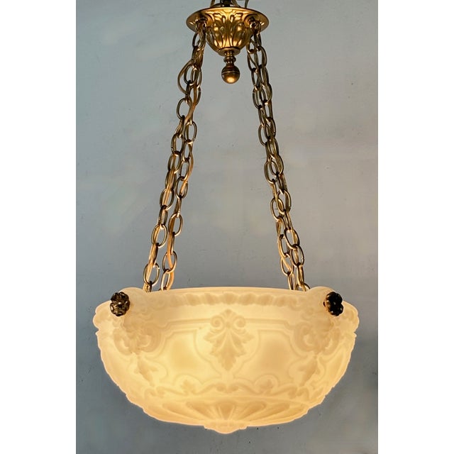 Neoclassical Neoclassical Style Cast Glass and Brass Pendant Light Fixture, Circa 1910 For Sale - Image 3 of 9