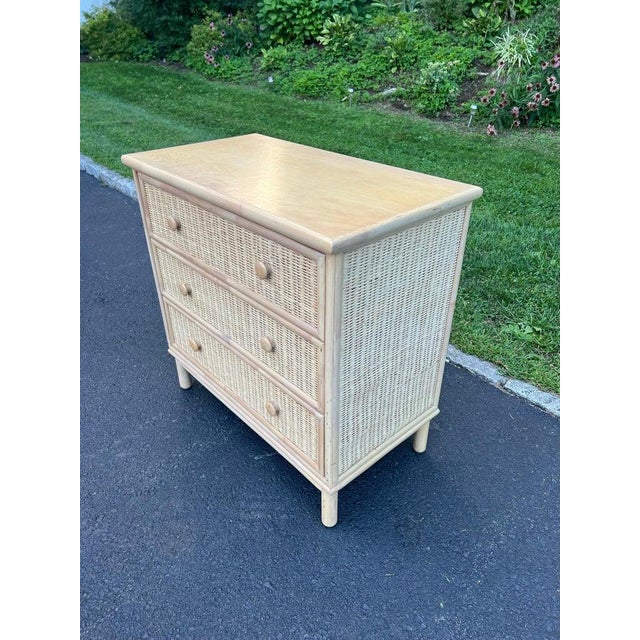Wood Petite Three Drawer Chest, Wicker and Wood, Bohemian Style, 1980s For Sale - Image 7 of 18