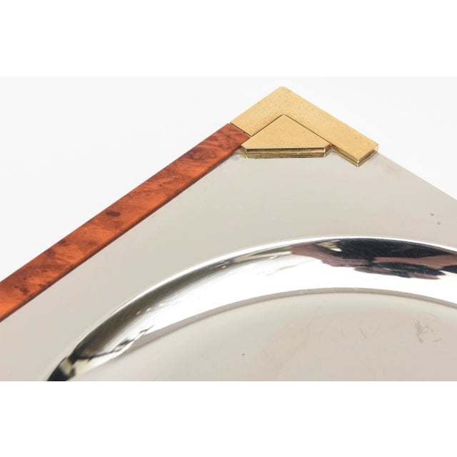 1990s Guy Degrenne French Burled Wood, Gold Plated Brass and Stainless Steel Square Tray For Sale - Image 5 of 11