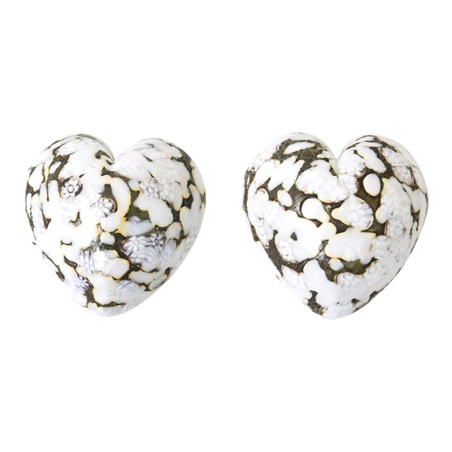 Vintage Murano Glass Heart Sculptures Paperweights 50's Pair of White, Gold For Sale