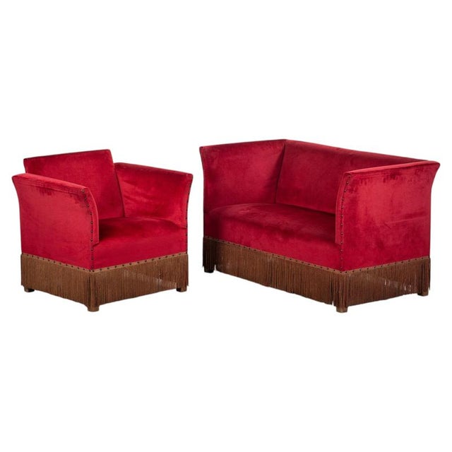 Danish Red Velvet Sofa and Lounge Chair Set, 1950s For Sale - Image 15 of 15