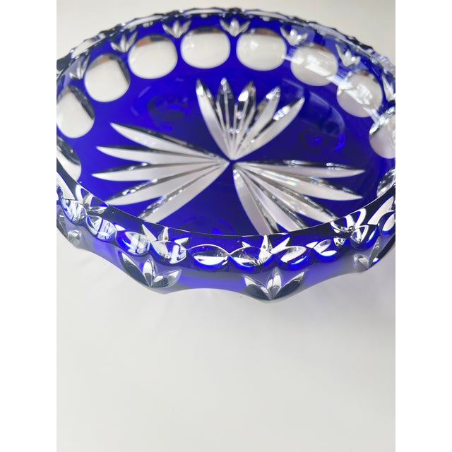 Czech Vintage Cobalt Blue Hand-Cut Footed Crystal Bowl For Sale In San Antonio - Image 6 of 6