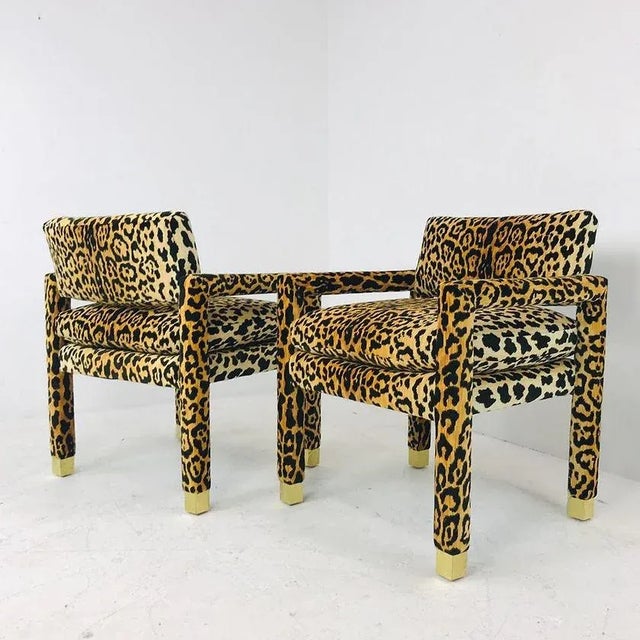 Modern Leopard Parsons Chair With Brass Sabots For Sale - Image 3 of 7