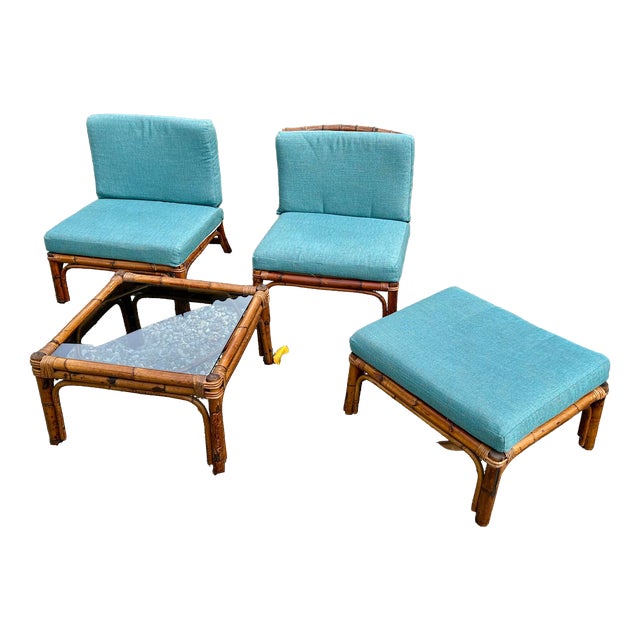 Rattan Living Room Set attributed to Alberto Smania, 1970s, Set of 4 For Sale