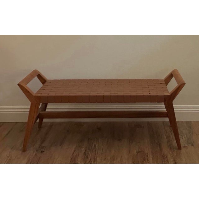 Attributed to Union Home Cove Brown Leather Bench in Recycled Teak For Sale - Image 4 of 8