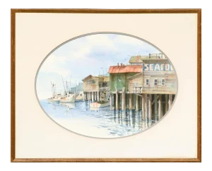 Jones Realism Seafood Shops on the Pier Watercolor Landscape Late 20th Century