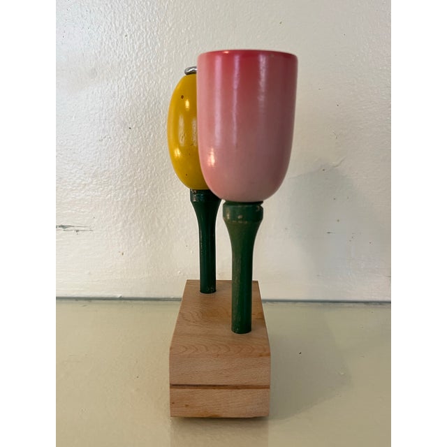 Rare Danish Mid Century Handmade Carved Tulip Flower Salt & Pepper Set on Burlwood Stand For Sale - Image 4 of 11