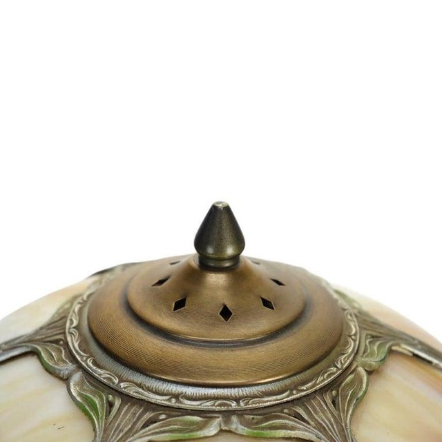 1920s Arts & Crafts Era Bradley & Hubbard Style 6-Panel Slag Glass Lamp For Sale - Image 6 of 14