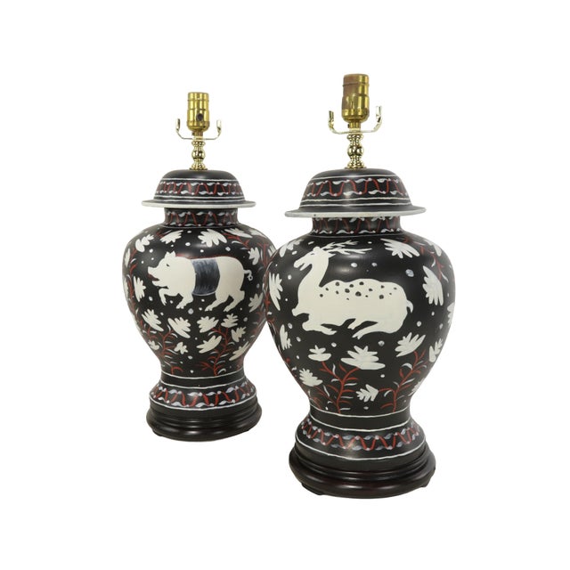 Black A Pair of Vintage Brunschwig & Fils Cadiz Table Lamps - Black and Cream Ceramic With Boar and Deer Motifs For Sale - Image 8 of 14