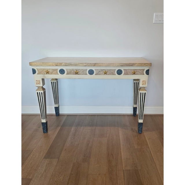 Neoclassical Gustavian Style Gilt Bronze Mounted Cream Painted Console Table With Marbelized Faux Marble For Sale - Image 17 of 18