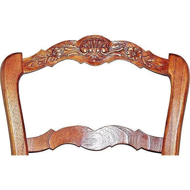 Modern take on a classic hand-carved high-back French country ladderback side chair with upholstered seats. Minimal wear.